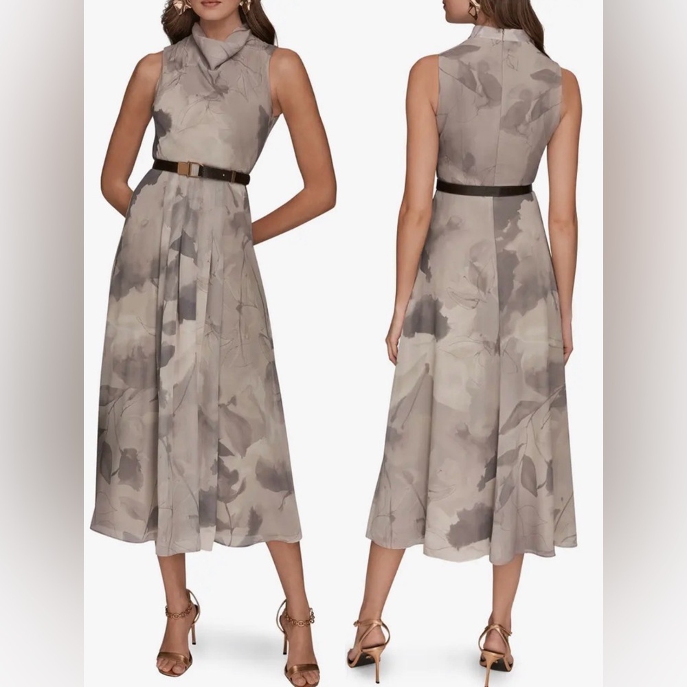 NEW Donna Karan New York Cowl Neck Belted Fit & Flare midi Driftwood Dress sz 2